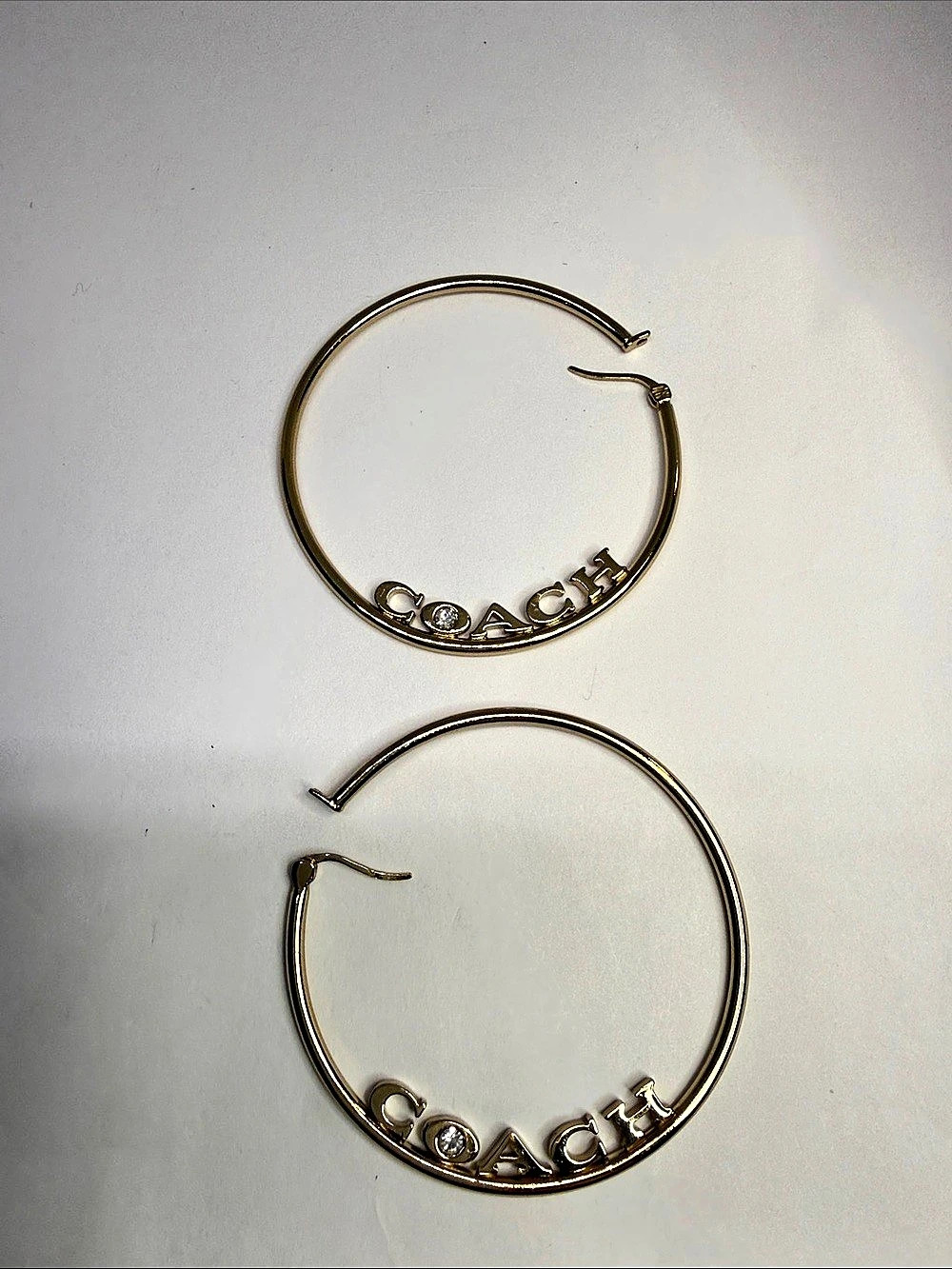 Coach Logo Script Pierce Hoop Earrings Gold-Tone & Clear Rhinestone - Picture 2 of 12